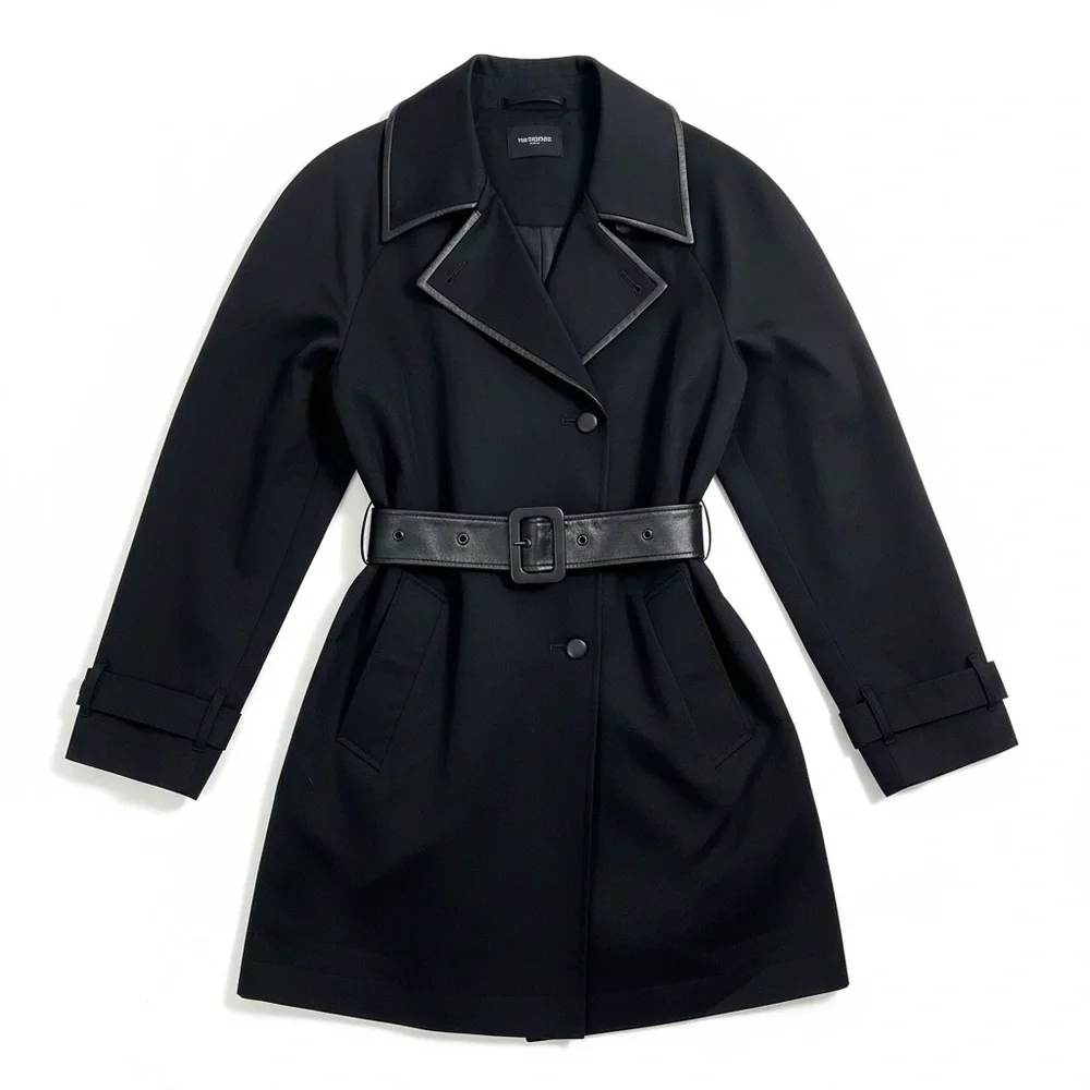 The Kooples LEMAL Trench Coat Black Leather Belt Cotton Size 34 US 2 $618 NWT - Picture 3 of 14